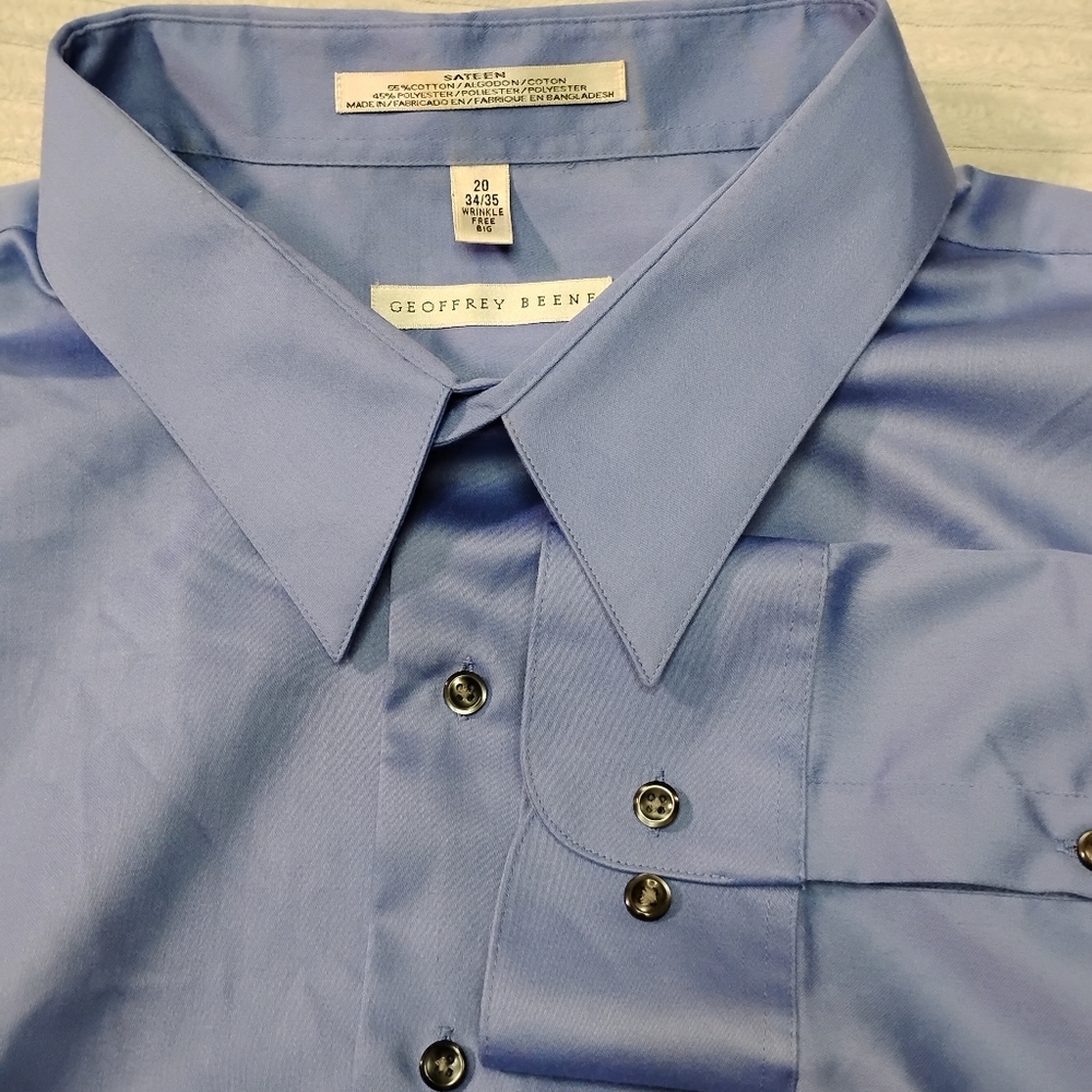 Geoffrey Beene Mens Blue Long Sleeve Button Up Sateen 20 34/35 Wrinkle Free Big